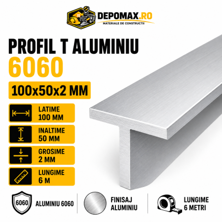 Profil T aluminiu 100 x 50 x 2 mm, 6 metri